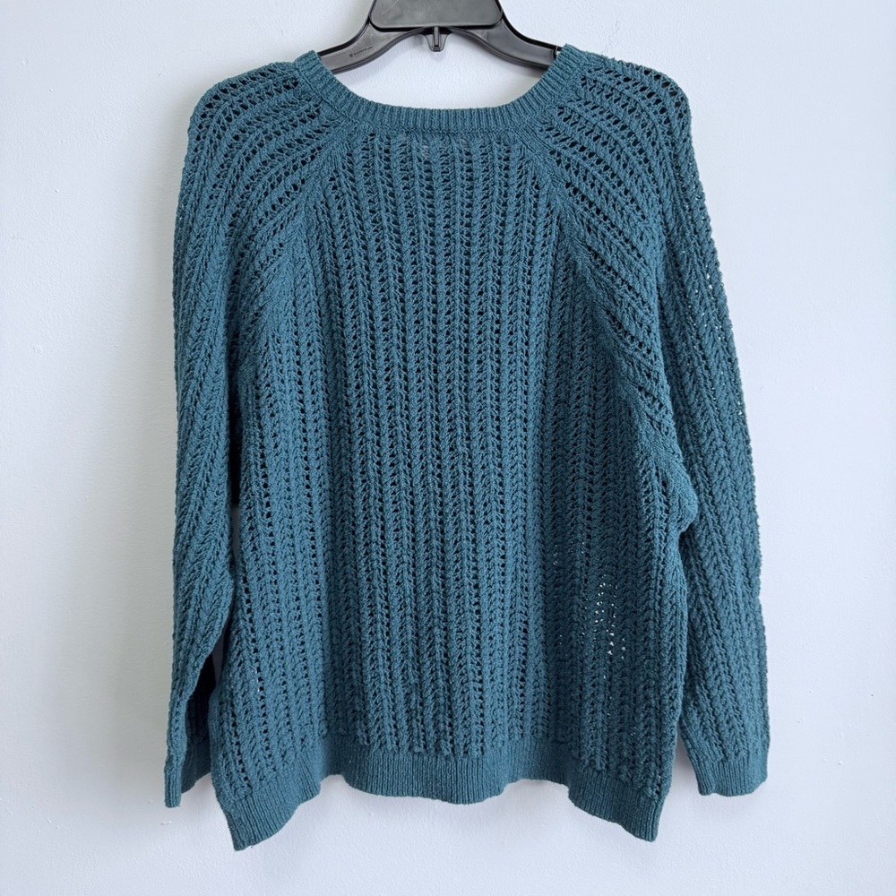 J. Jill Teal Blue Open Knit Pointelle Pullover Sweater Size Medium - Picture 5 of 6